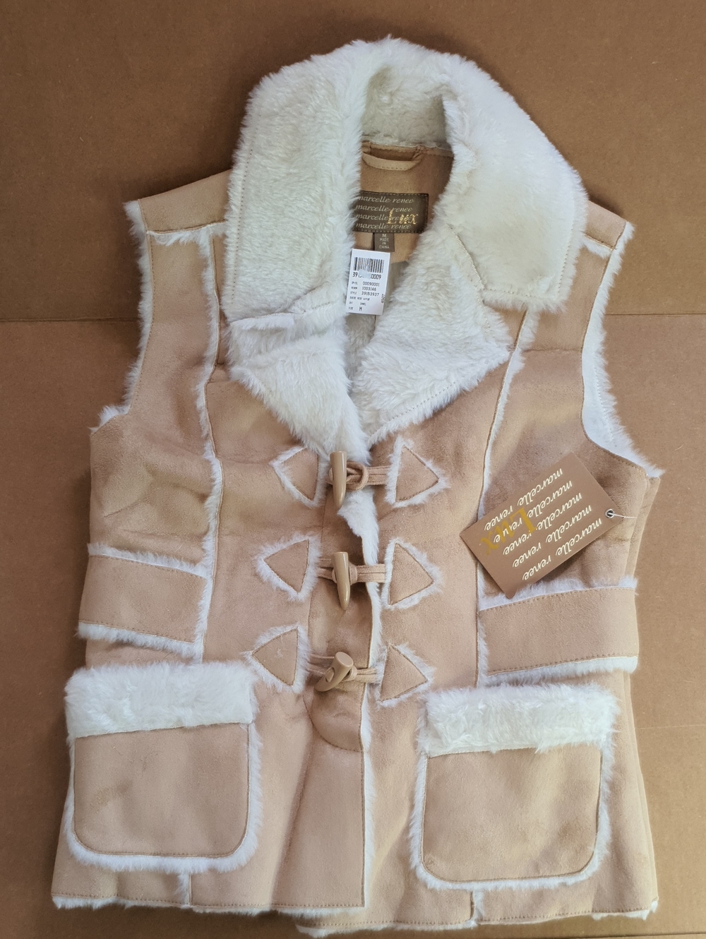 Marcelle Renee Women’s Shearling Trim Tan Vest - NWT